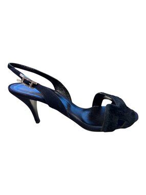 Hermes Navy Suede Night Sandal Pumps Sheared Mink Shoes EU 38 Iconic H Cutout